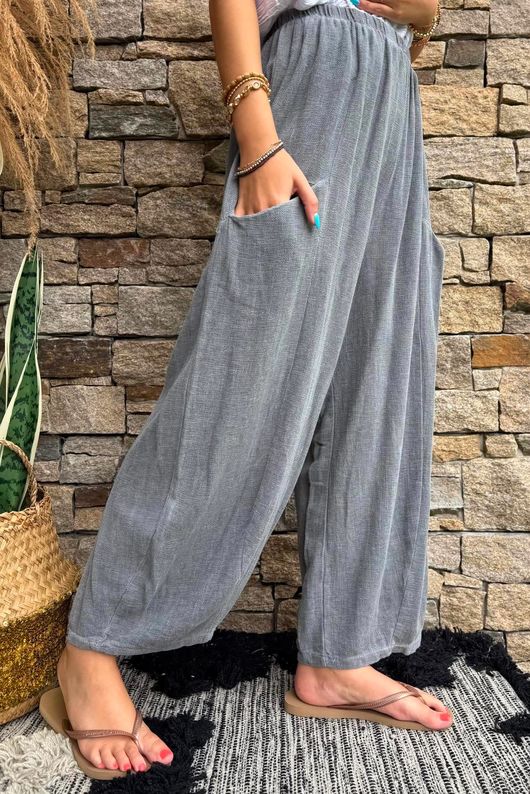Lina Linen Blend Barrel Pant Washed Charcoal